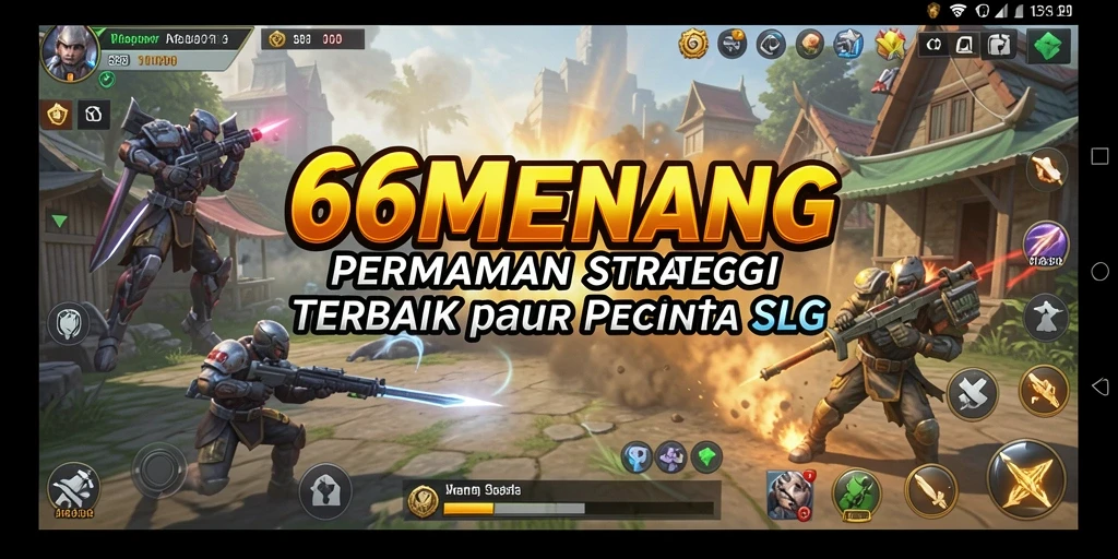 Tangkapan layar permainan SLG dengan pertarungan dan pembangunan desa.