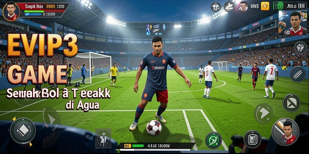 Tangkapan layar gameplay EVIP3 dengan aksi sepak bola yang mendebarkan.