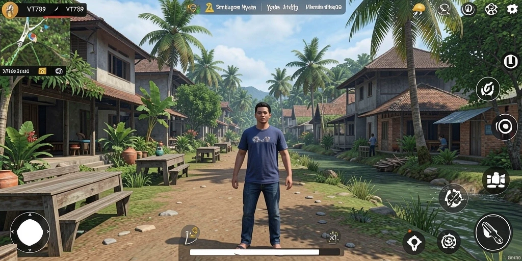 Screenshot utama VT789 menampilkan gameplay simulasi kehidupan yang interaktif.